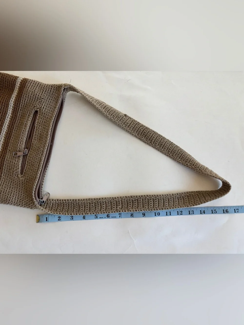 Hobo Bag - Brn/Tan/Beige Crochet Crossbody Bag. Interior/Exterior Zip Pockets.
